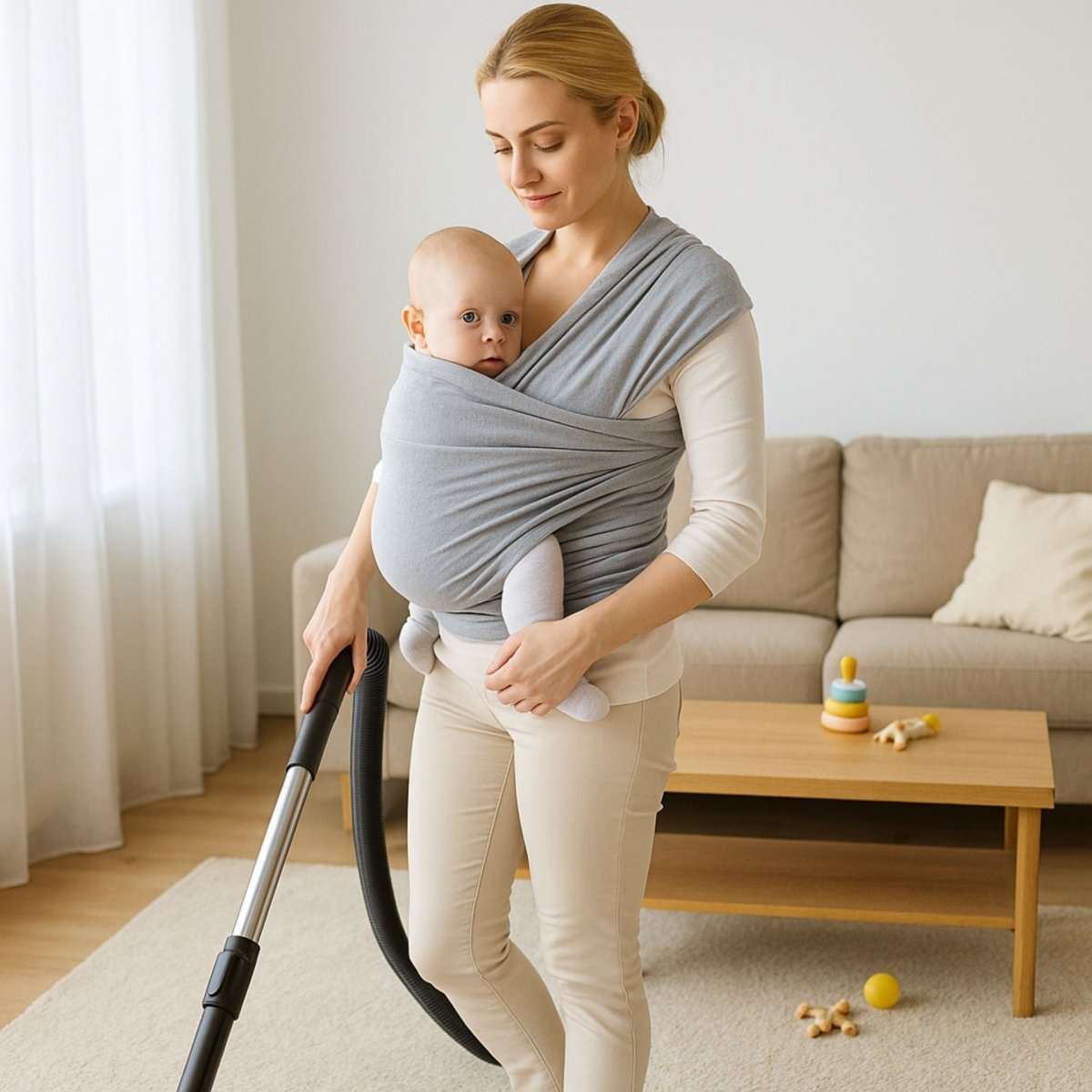 Écharpe de portage gris clair utilisée par maman pendant tâches ménagères avec bébé