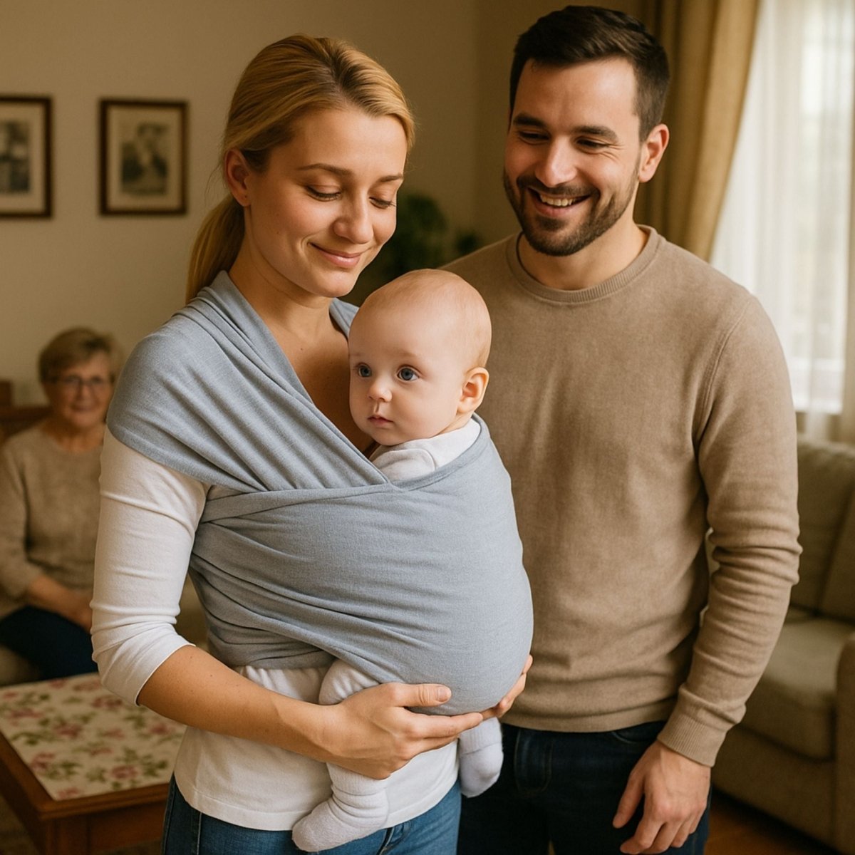 Écharpe de portage gris clair portée par maman avec bébé et papa à la maison