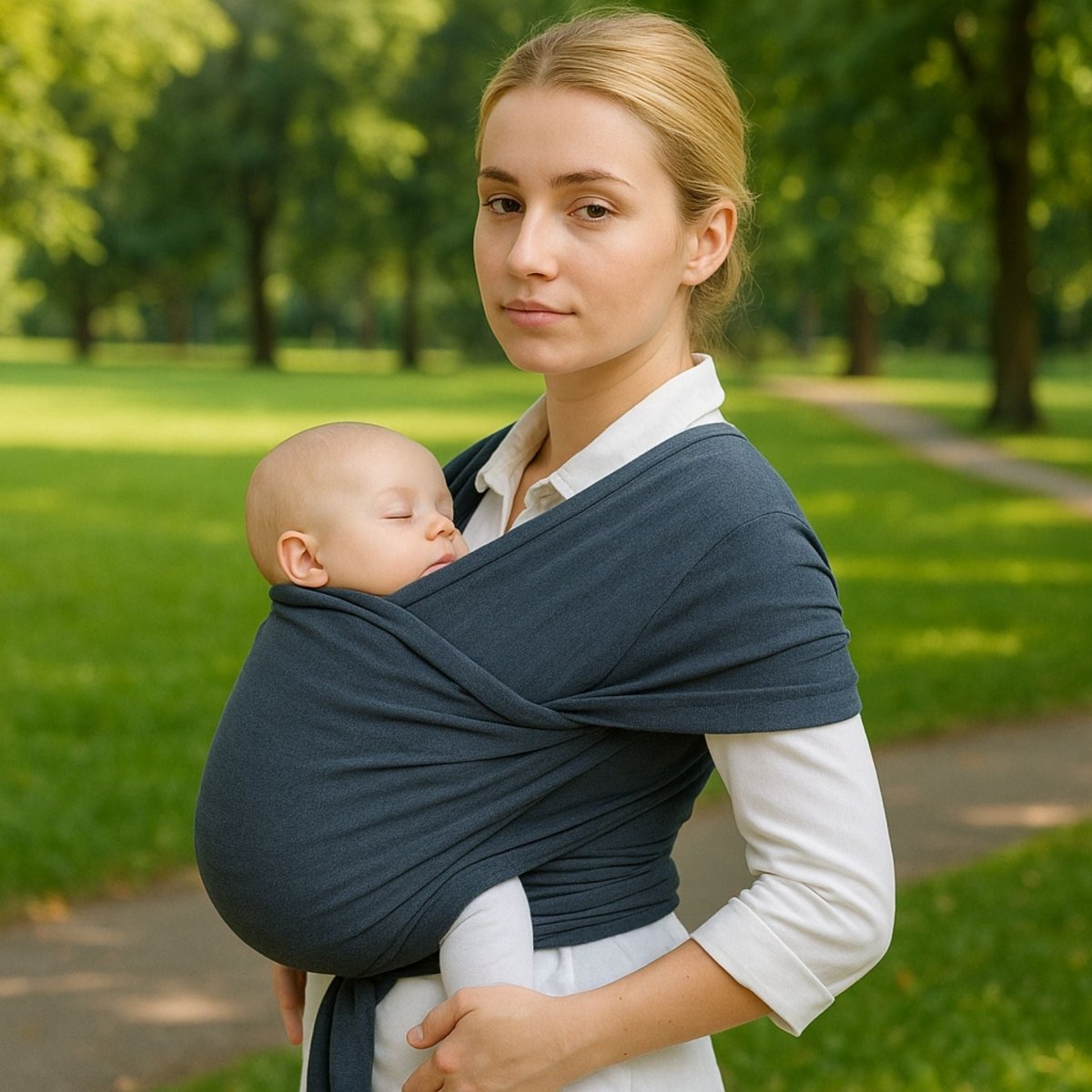 Écharpe de portage grise avec bébé endormi en promenade