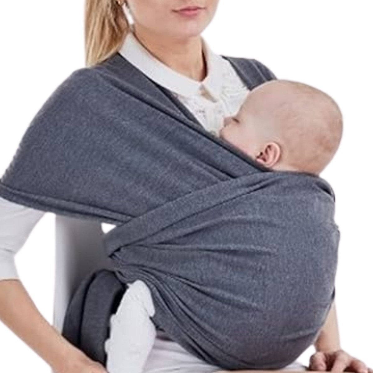 Écharpe de portage grise avec bébé endormi contre maman
