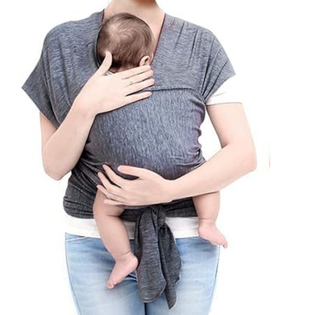 Écharpe de portage grise nouée à la taille avec bébé face au parent