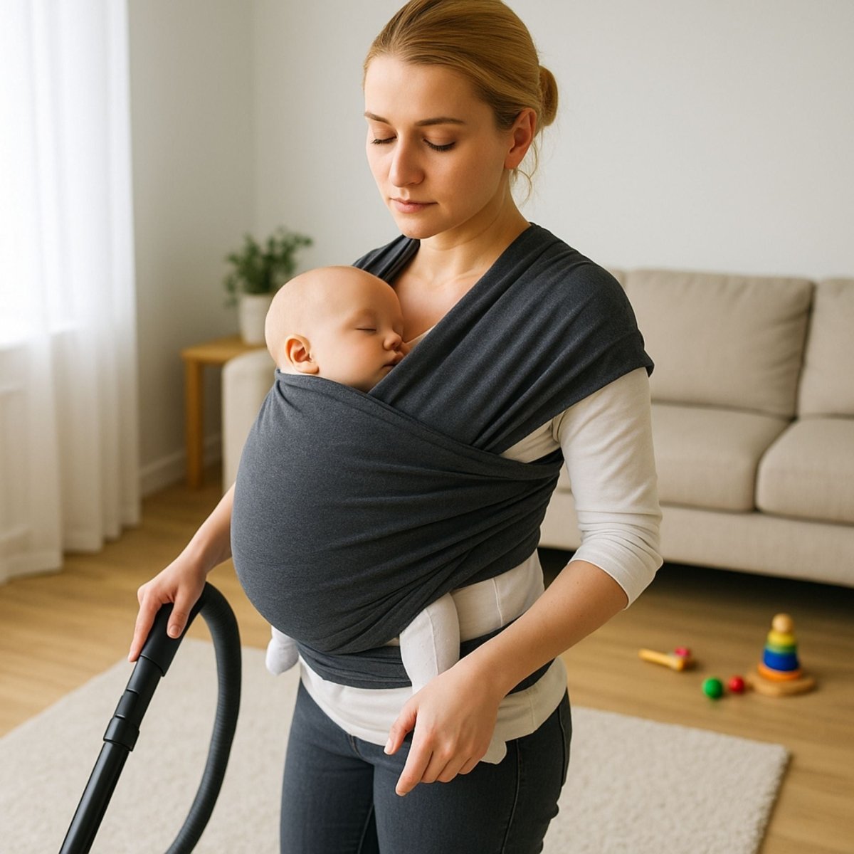 Écharpe de portage noir  portée par maman pendant tâches ménagères avec bébé