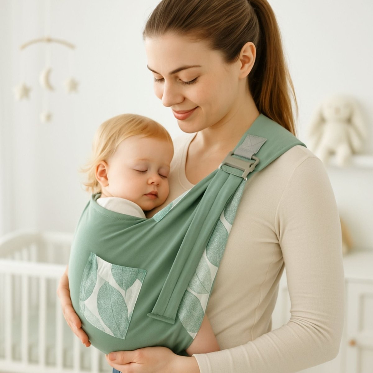 Echarpe de portage couleur Feuillage vert utilisée en intérieur, bébé endormi contre sa maman dans une chambre claire