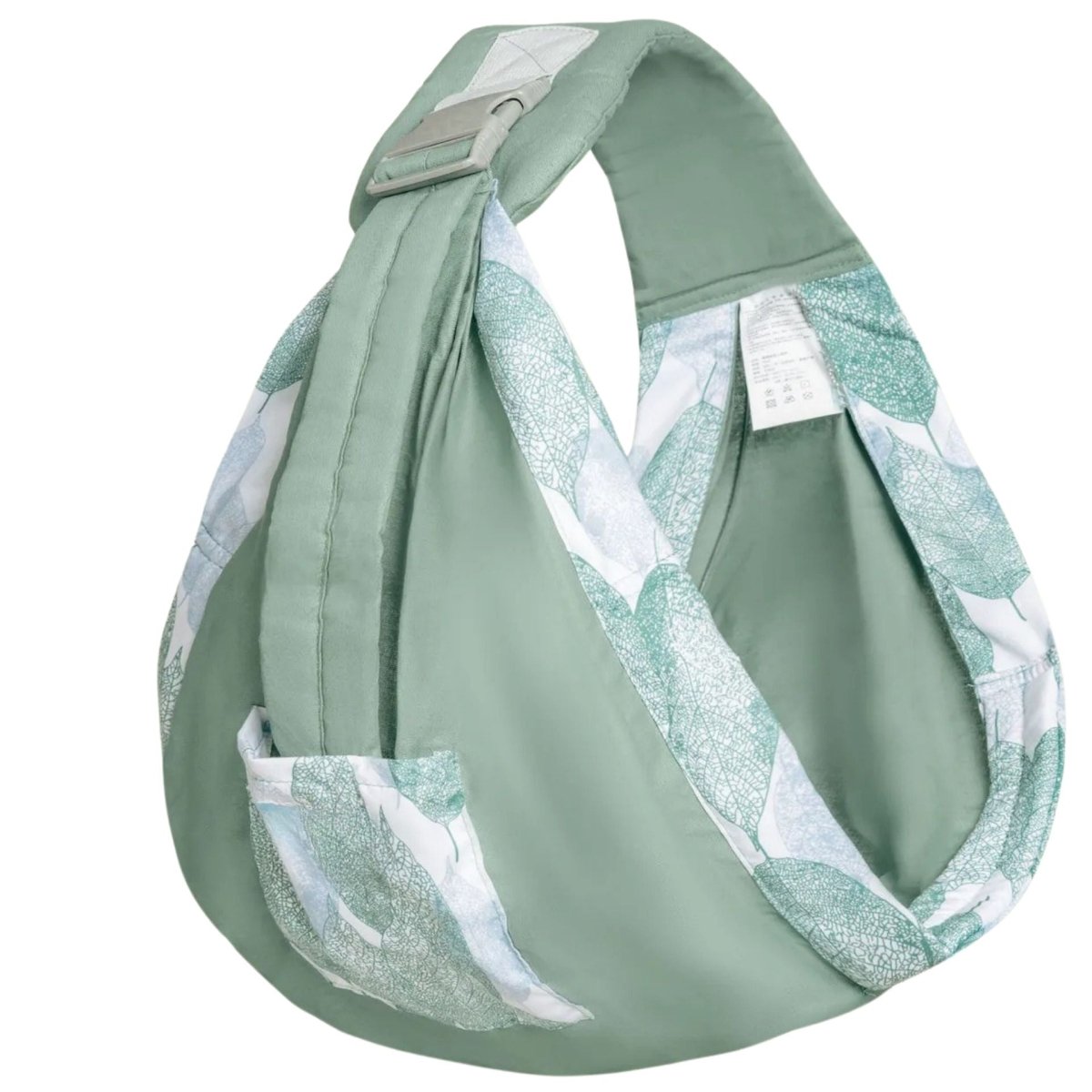 Echarpe de portage couleur Feuillage vert posée sur fond blanc, imprimé feuilles fines vert clair et poche assortie

