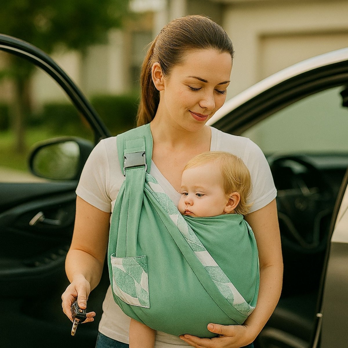 Echarpe de portage couleur Feuillage vert portée en extérieur par une maman avec bébé à la sortie d’une voiture