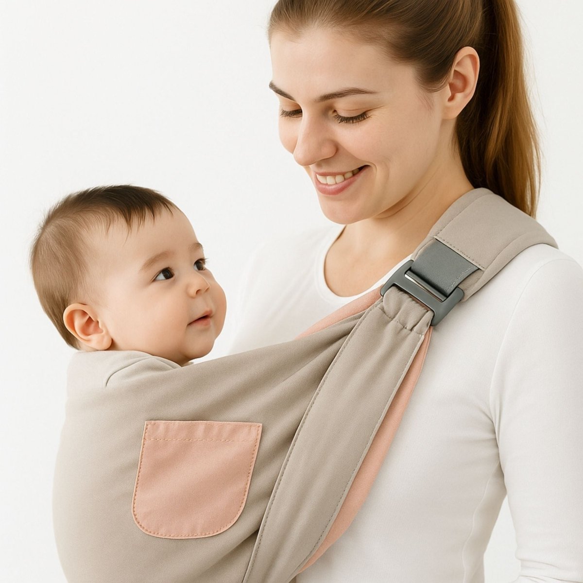 Echarpe de portage couleur Gris portée par une maman avec bébé éveillé en intérieur