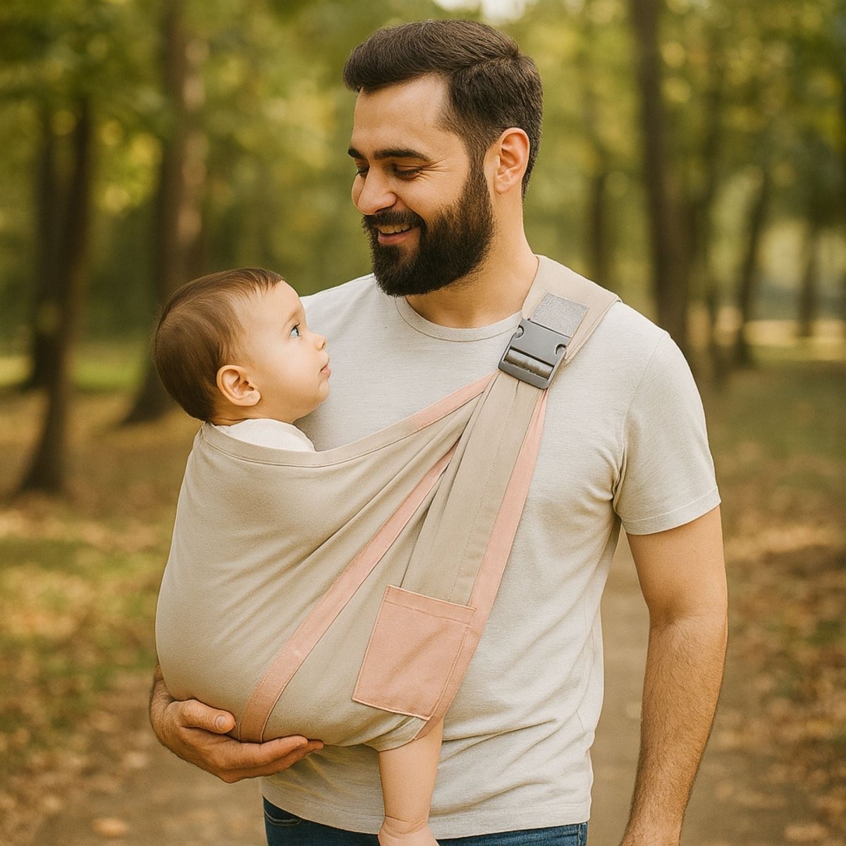 Echarpe de portage couleur Gris portée par un papa barbu en promenade avec bébé