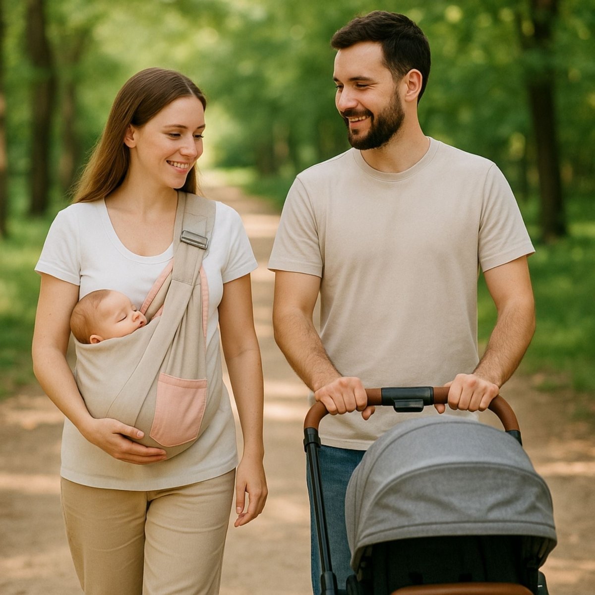 Echarpe de portage couleur Gris portée par une maman avec bébé dormant contre elle