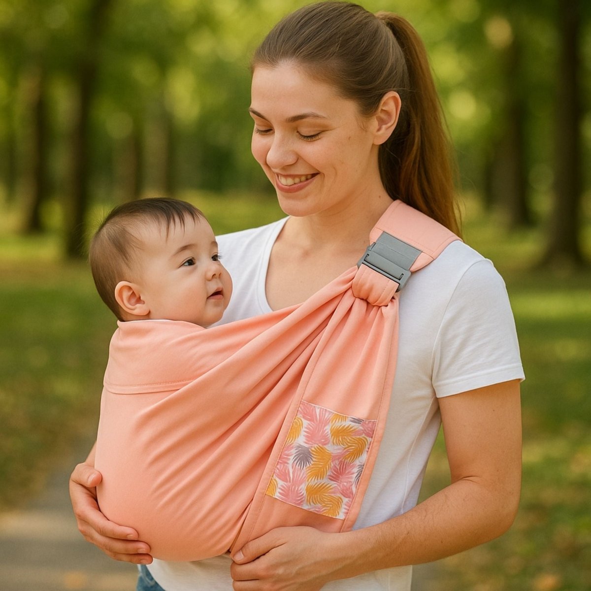 Echarpe de portage couleur Rose  multicolore portée par une maman dans un parc