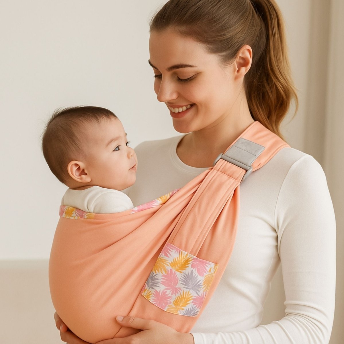 Echarpe de portage couleur Rose portée en intérieur par une maman souriante