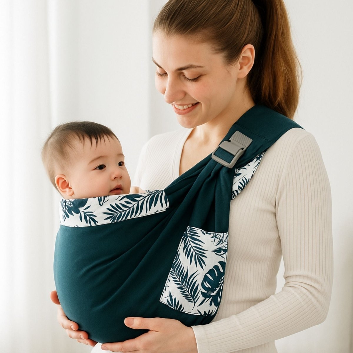  Echarpe de portage couleur Vert foncé avec imprimé feuillage blanc portée en intérieur par une maman souriante avec bébé éveillé
