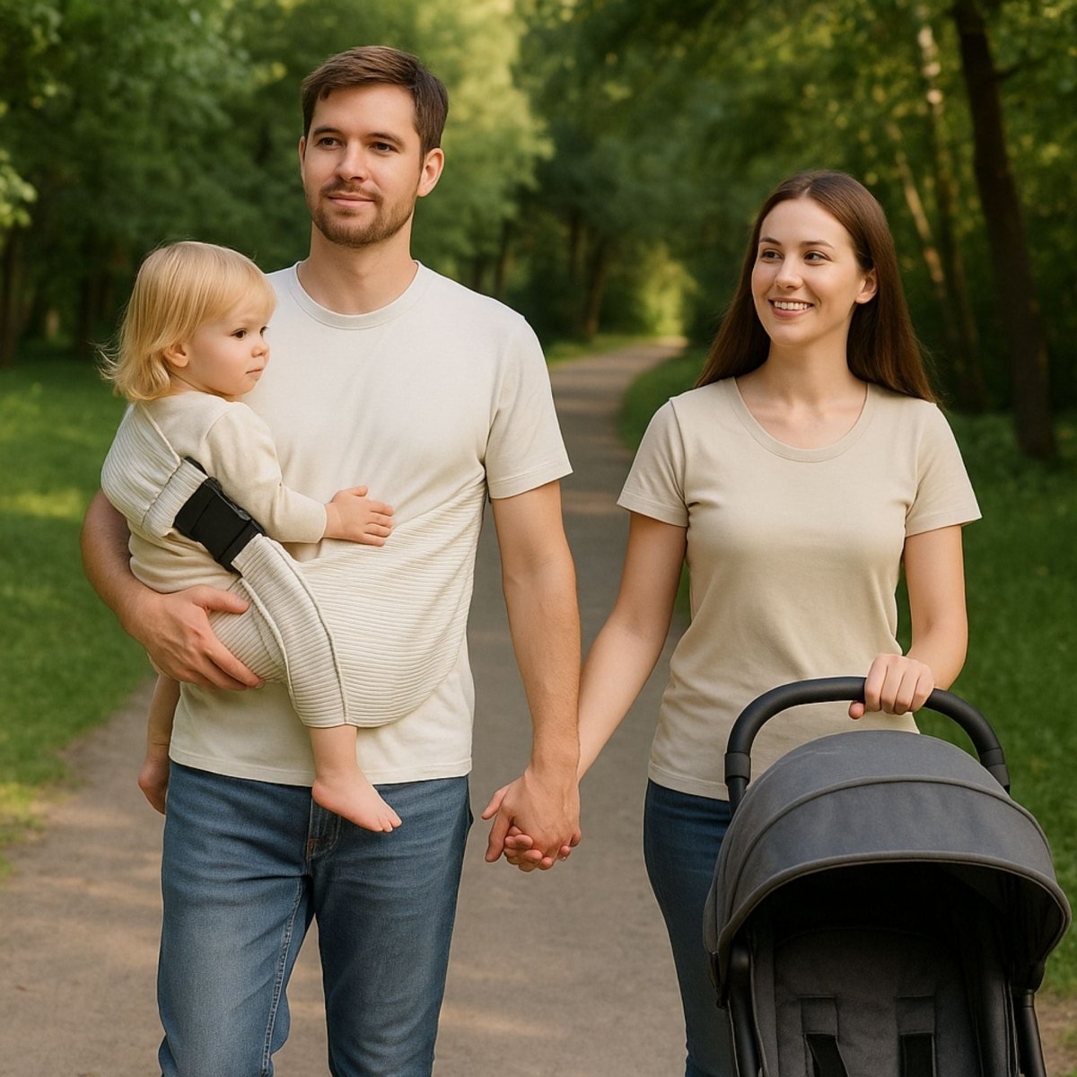 Papa en promenade avec une écharpe de portage rayée claire tenant son enfant blond