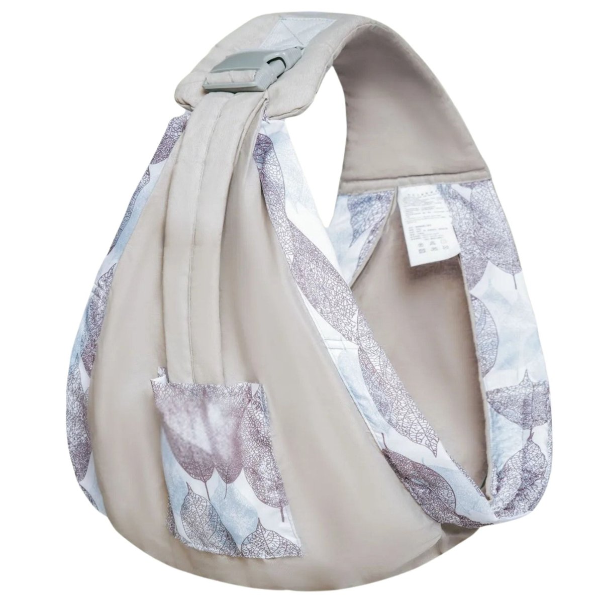 echarpe de portage kaki clair à motif feuilles, tissu souple pour transition bras vers portage