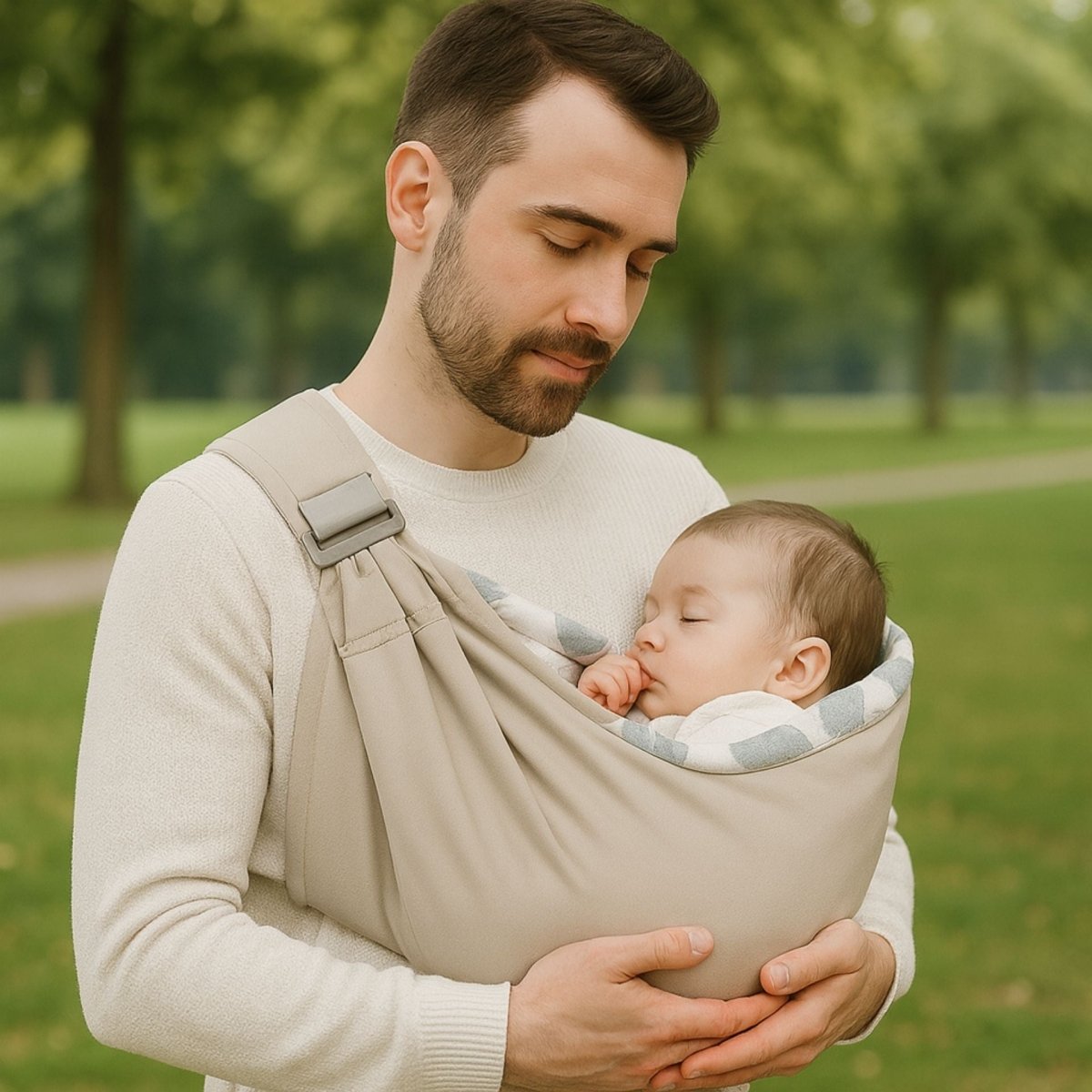 papa en extérieur portant bébé dans une echarpe de portage kaki clair à intérieur géométrique