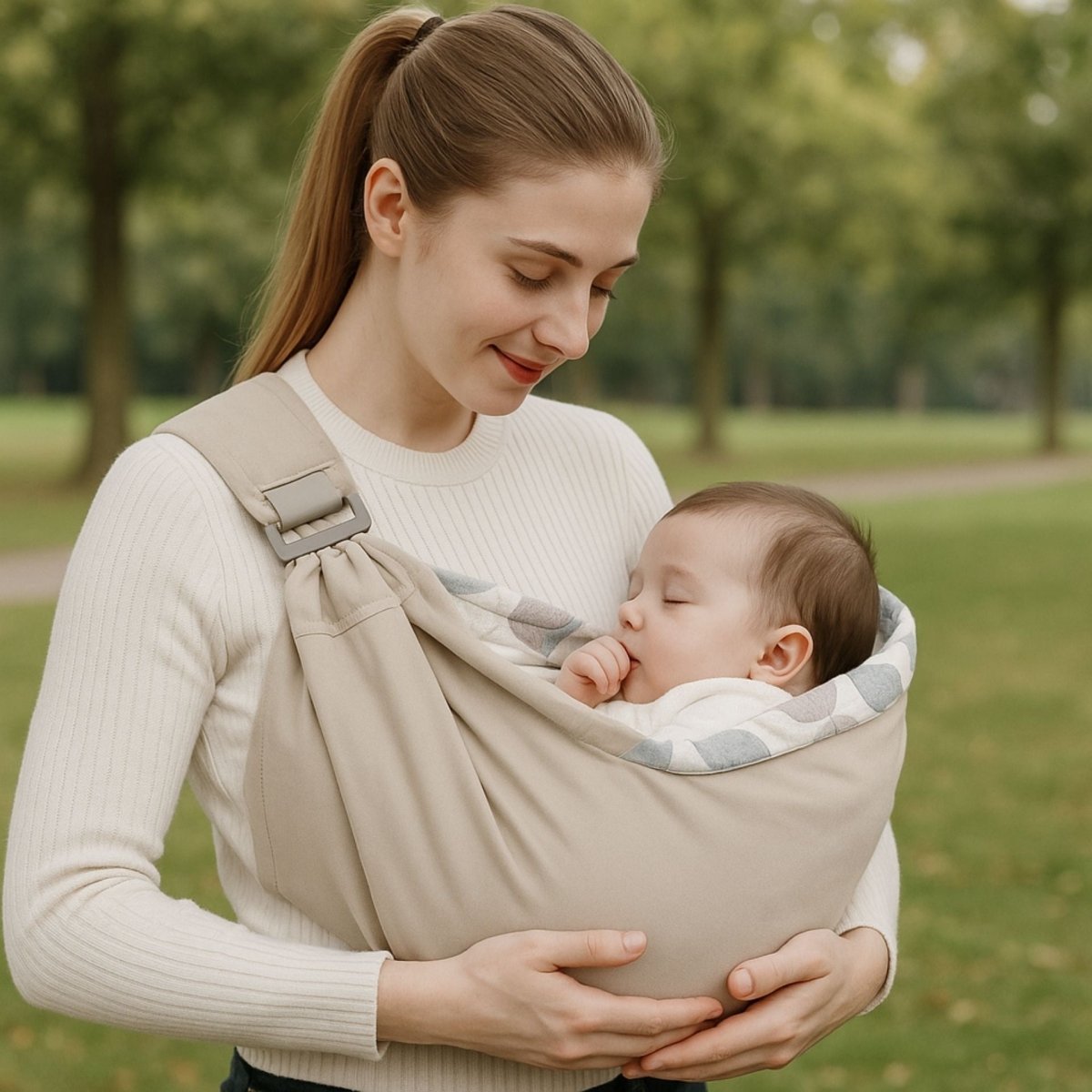echarpe de portagekaki clair avec doublure pastel, bébé blotti contre sa maman en extérieur
