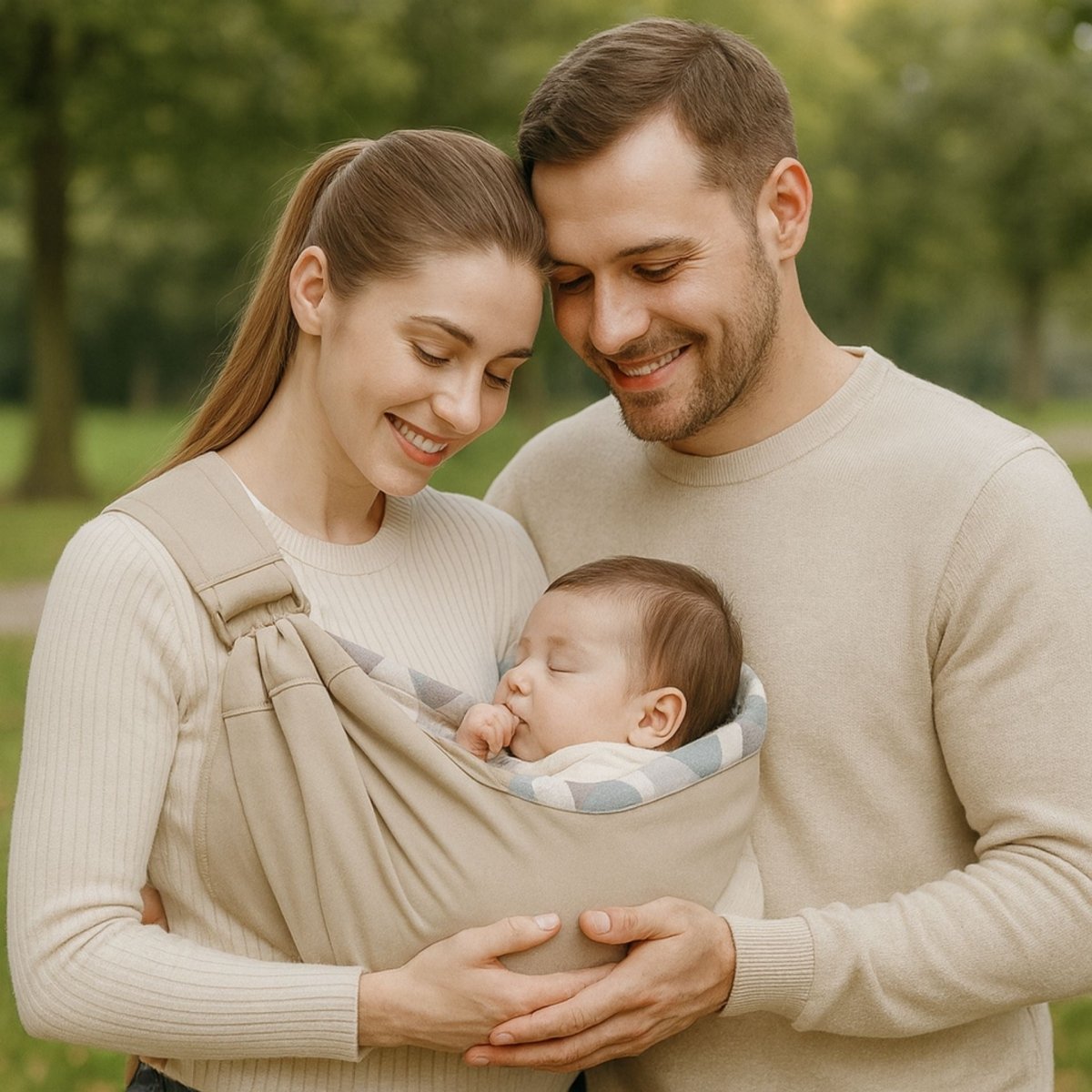 couple souriant tenant leur bébé dans une echarpe de portage kaki clair au design doux et rassurant