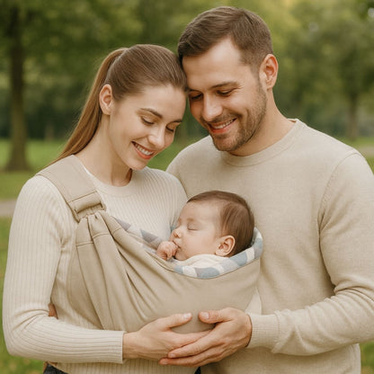 couple souriant tenant leur bébé dans une echarpe de portage kaki clair au design doux et rassurant