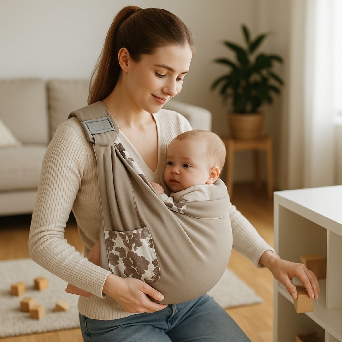 maman assise portant bébé en echarpe de portage kaki avec motif brun, contact continu