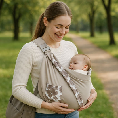 echarpe de portage kaki avec motif floral, bébé dormant paisiblement sur maman en promenade