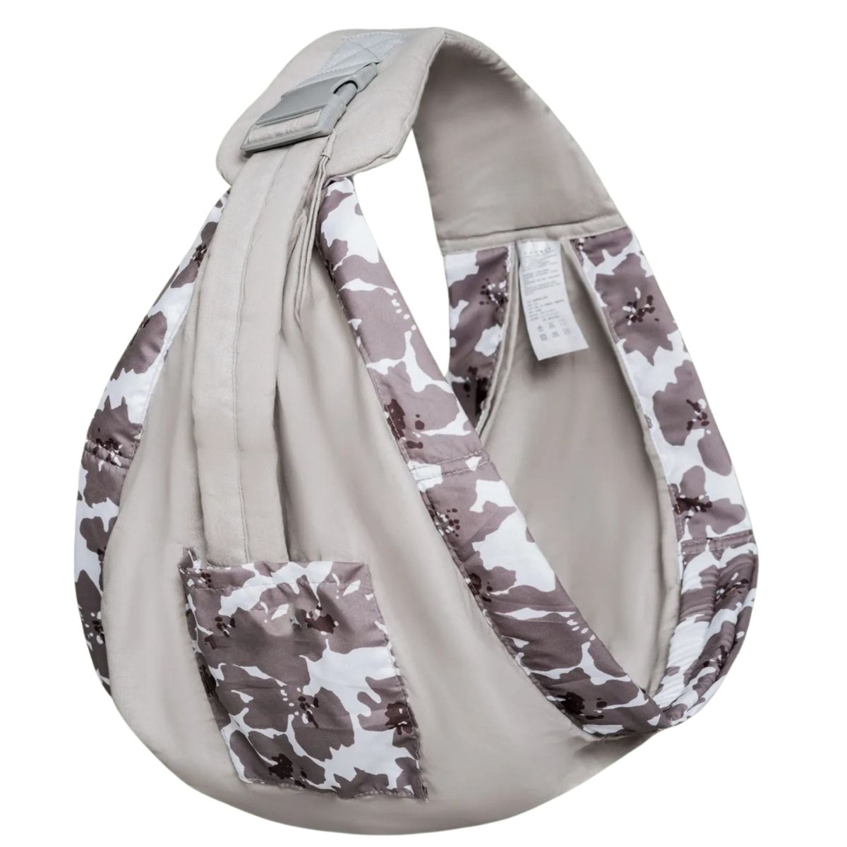 echarpe de portage kaki à imprimé floral brun, conçue pour passage doux vers portage