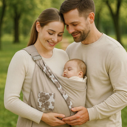 parents en balade avec echarpe de portage kaki à fleurs, bébé endormi entre leurs bras