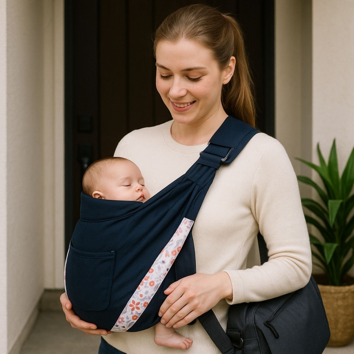 echarpe de portage noire avec motif floral, bébé endormi contre maman à l’entrée de la maison