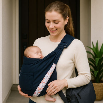 echarpe de portage noire avec motif floral, bébé endormi contre maman à l’entrée de la maison