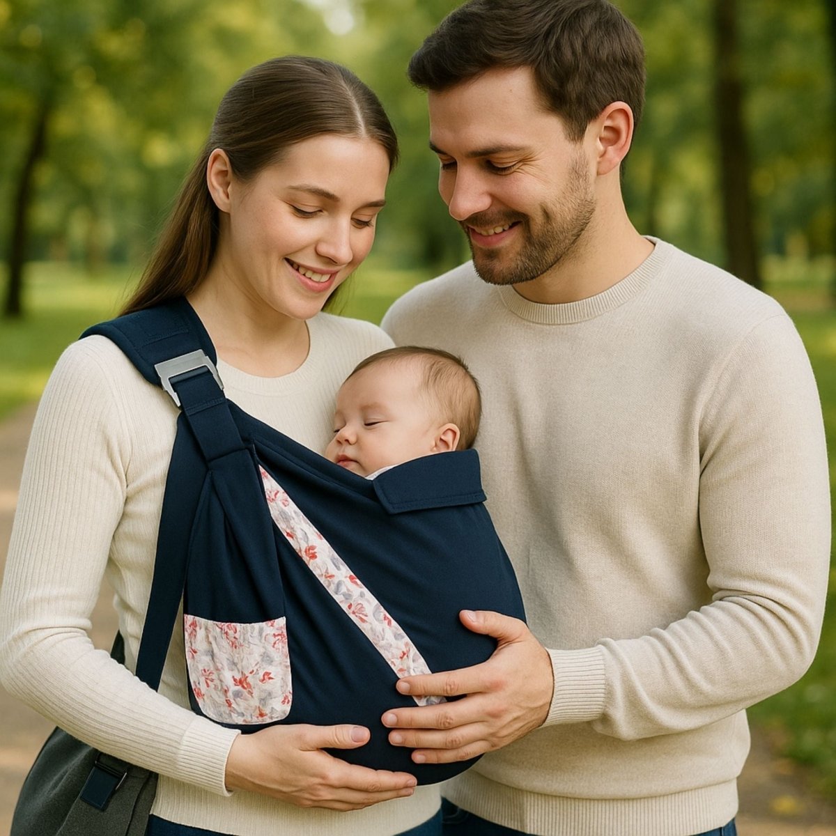 parents souriants tenant leur bébé dans une echarpe de portage noire au tissu souple et enveloppant