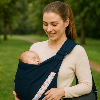 echarpe de portage noire à fleurs rouges, bébé dormant paisiblement contre sa maman en promenade