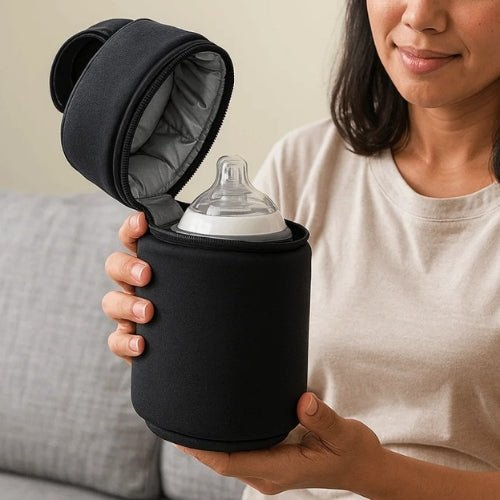 Étui antichoc pour biberon noir ouvert avec biberon placé à l’intérieur