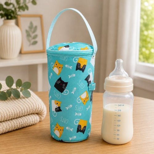 Étui imprimé pour biberon bleu motif chats avec poignée de suspension et fermeture zip