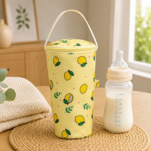 Étui imprimé pour biberon jaune motif citrons avec poignée de suspension et fermeture zip