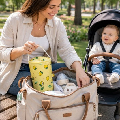 Étui imprimé pour biberon jaune motif citrons placé dans un sac à langer lors d’une sortie avec bébé