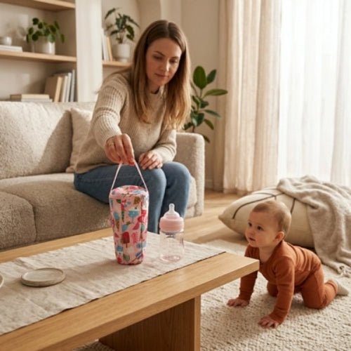 Étui imprimé pour biberon rose posé sur une table avec poignée de suspension