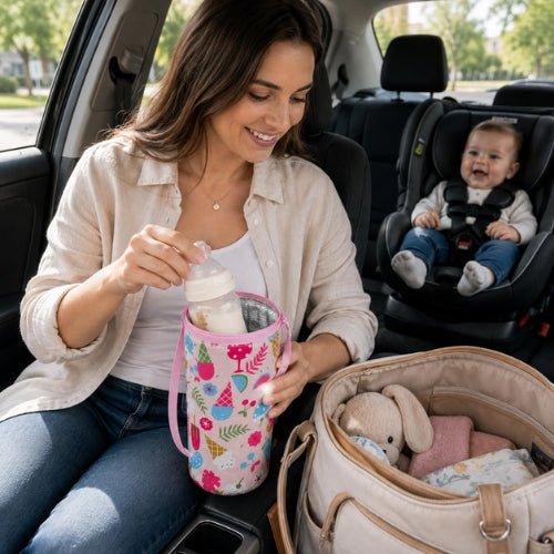 Étui imprimé pour biberon rose avec biberon lors d’un déplacement en voiture