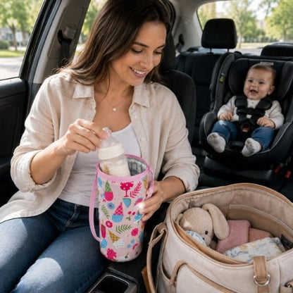 Étui imprimé pour biberon rose avec biberon lors d’un déplacement en voiture