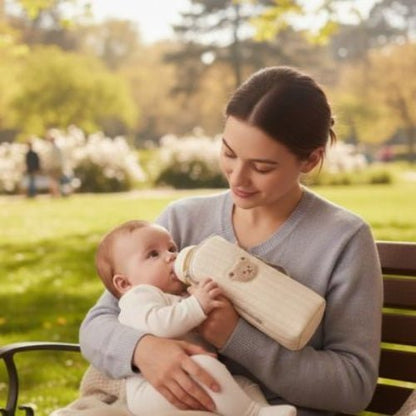 Étui matelassé pour biberon beige avec écusson ourson utilisé pendant le biberon au parc