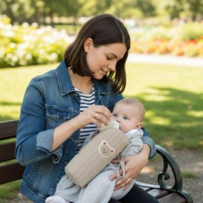 Étui matelassé pour biberon beige avec écusson ourson utilisé pendant le biberon en extérieur