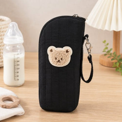 Étui matelassé pour biberon noir avec écusson ourson, sangle amovible et fermeture zip