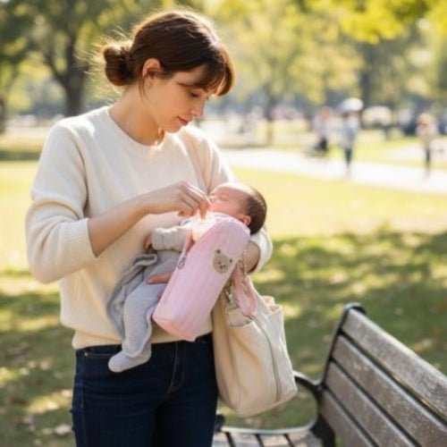 Étui matelassé pour biberon rose avec écusson ourson utilisé pendant le biberon au parc
