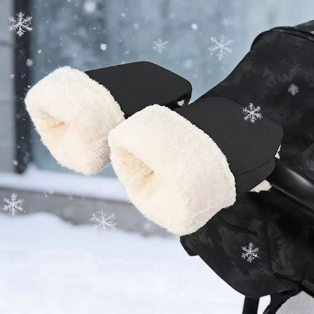 Gants de poussette noirs avec doublure blanche d'aspect polaire, installés sur un guidon dans un décor enneigé