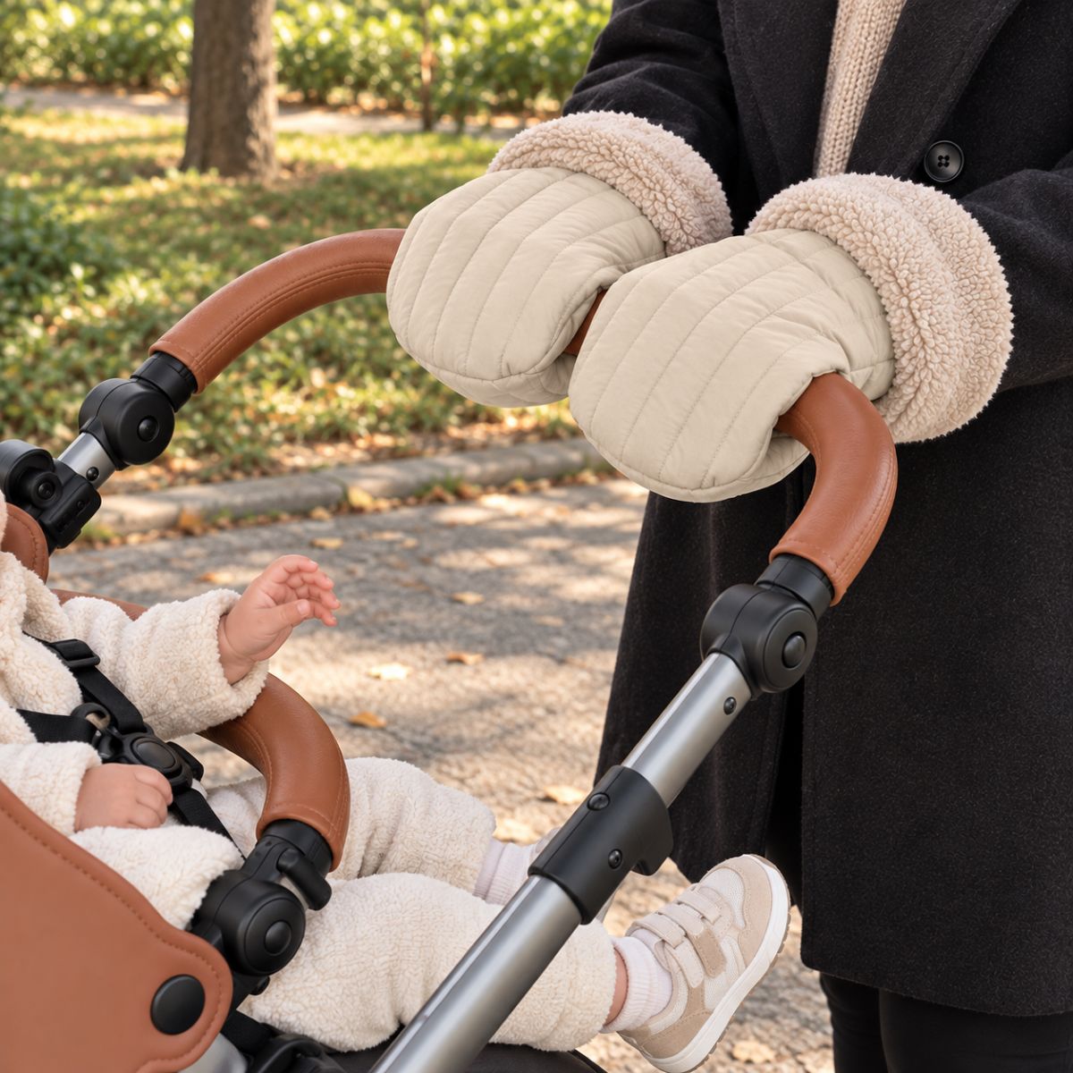 Gants de poussette kaki clair avec surpiqûres longitudinales et revers bouclette, portés au guidon près de bébé