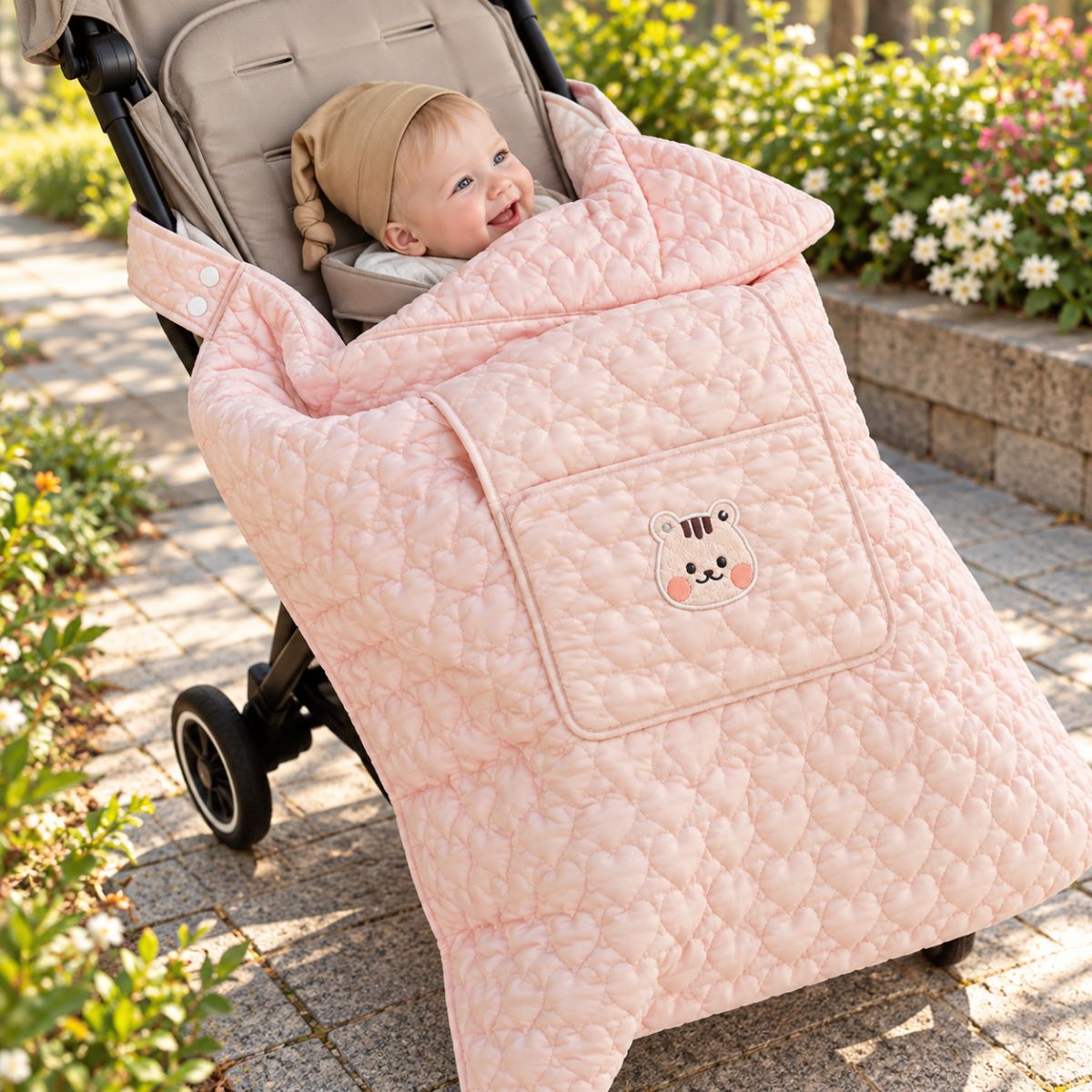 Couverture de poussette beige rosé avec motif tigre brodé et matelassage en cœurs, bébé blonde en promenade
