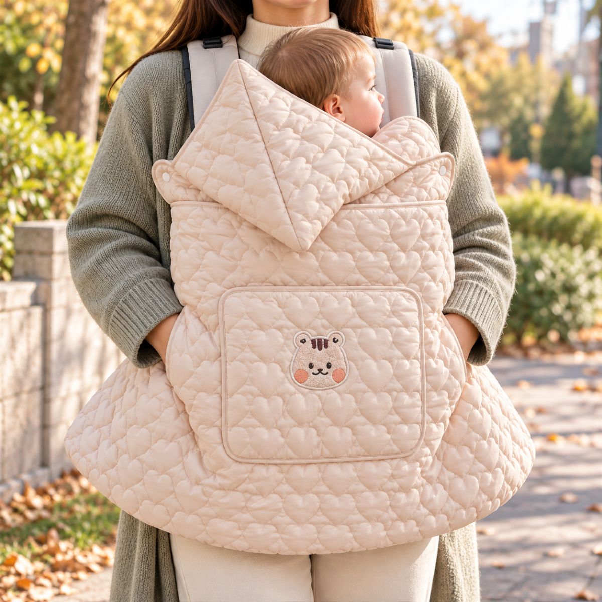 Couverture porte-bébé beige rosé matelassée en cœurs, poche avec petit tigre brodé aux joues roses