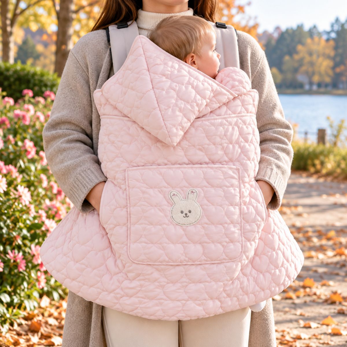 Couverture porte-bébé rose poudré matelassée en cœurs, poche avec petit lapin crème brodé