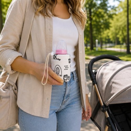 Housse pour biberon à motifs 150 ml transportée près d’une poussette pendant une promenade