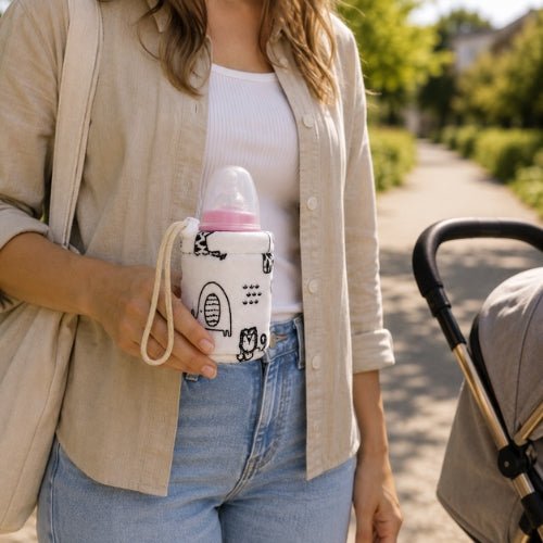 Housse pour biberon à motifs 150 ml tenue à la main lors d’une sortie avec poussette