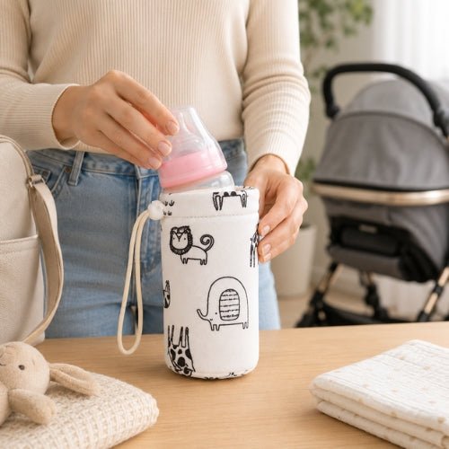 Housse pour biberon à motifs 240 ml pendant l’insertion du biberon avant une sortie
