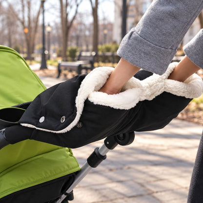 Manchon pour poussette noir avec doublure blanche, les deux mains protégées au guidon pendant une promenade