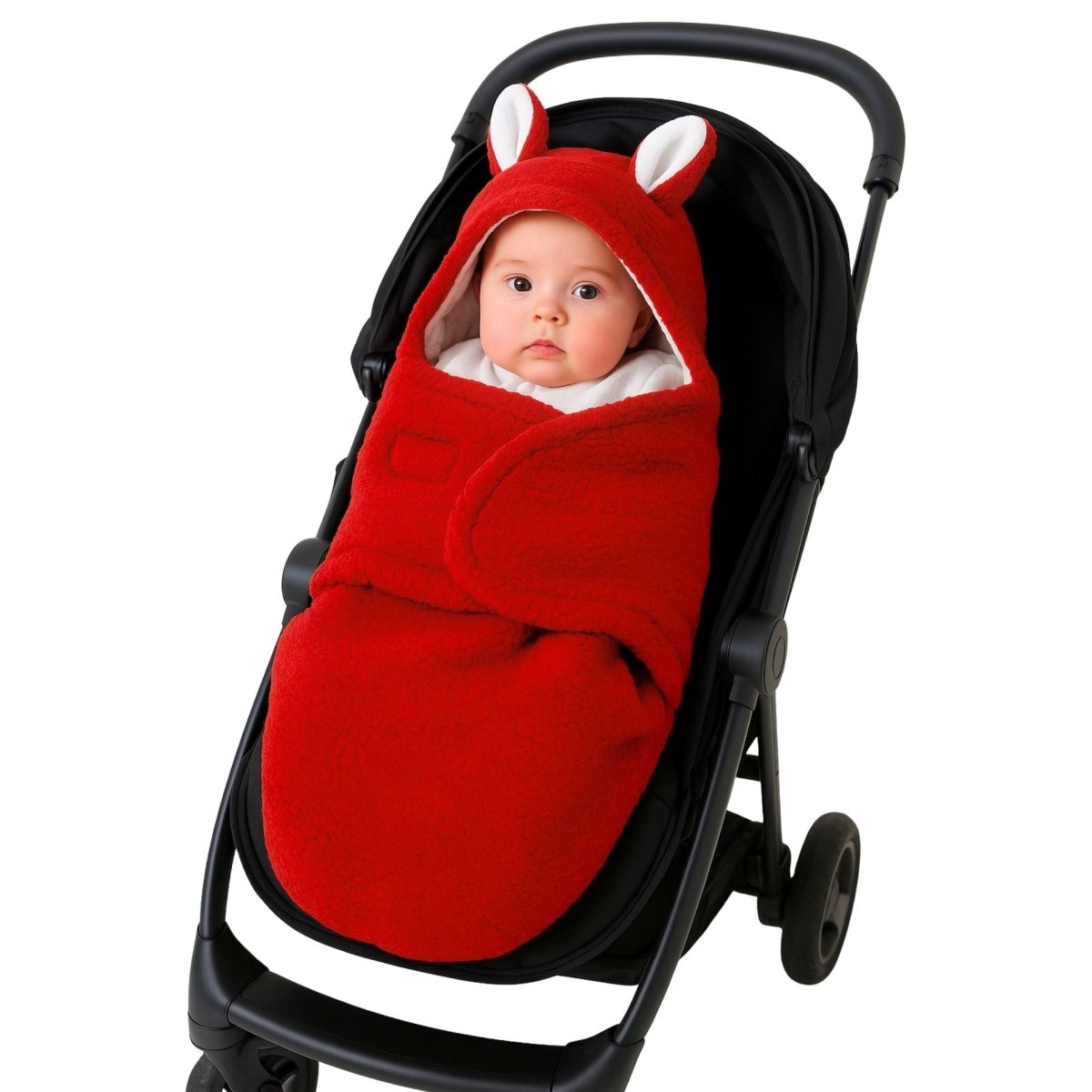 Bébé installé dans une poussette, enveloppé dans un nid d ange bebe rouge en cachemire avec capuche à oreilles, vu de face sur fond blanc